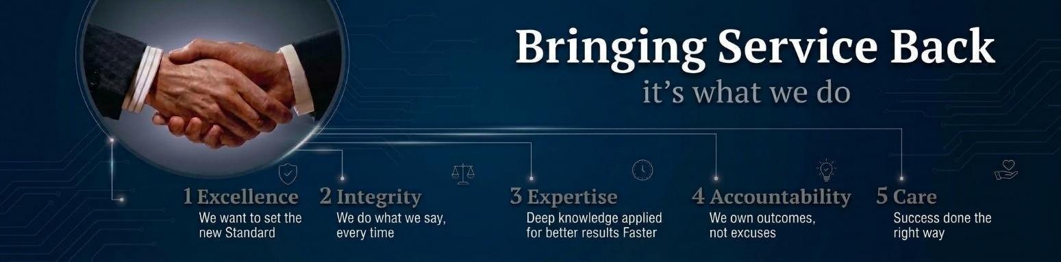 Bringing Service Back — it's what we do. 1 Excellence, 2 Integrity, 3 Expertise, 4 Accountability, 5 Care